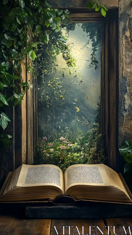 Open antique book lies before vertical portal into forest
