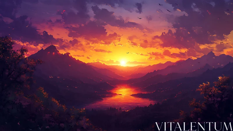 Sunlit valley and glowing lake beneath painted skies.