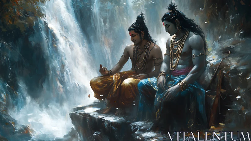 Two seated mythic figures beside cascading waterfall, detailed.
