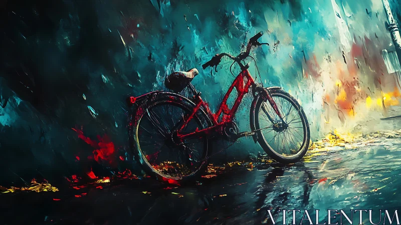 Red bicycle positioned against textured teal wall with ambient light effects.