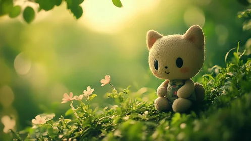 Mossy meadow daydream with soft toy kitten guardian.