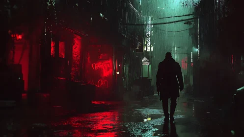 Lone wanderer in neon soaked rainy city alley at night.