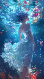 Drifted girl in prismbright sea, wrapped in wandering light.