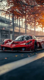 Red hypercar slices autumn street under golden sunset glow.
