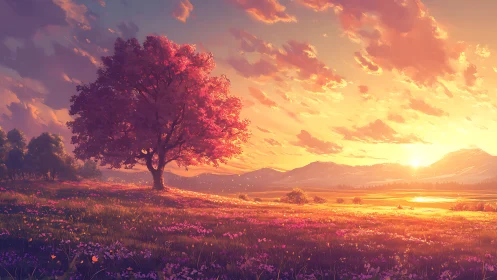 Golden sunset meadow with a softly glowing blossom tree.