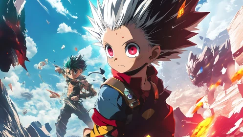 Young anime heroes stand ready in shattered sky battlefield.