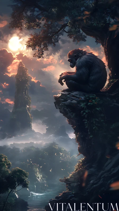 Solitary ape observes misted valley under dramatic backlight