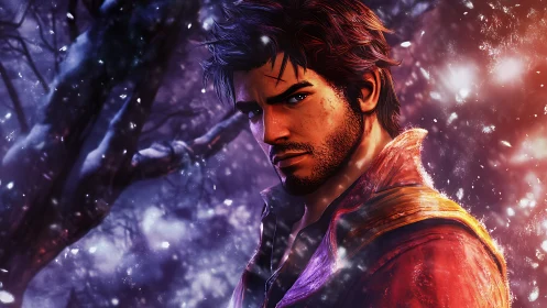 Brooding adventurer in glowing winter forest light at dusk.