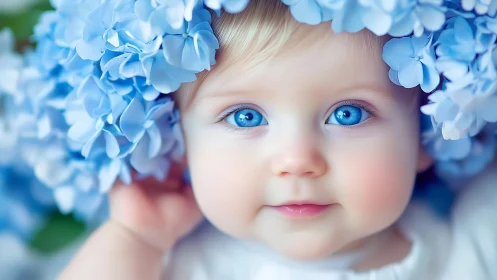 Precious blue-eyed toddler surrounded by delicate blue flowers