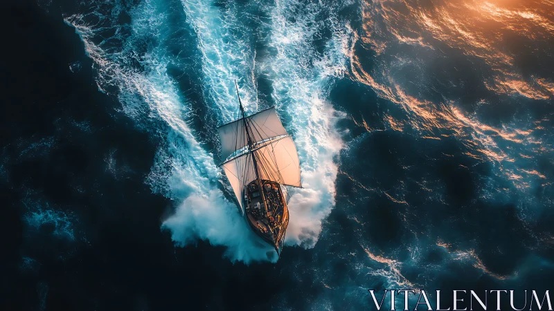 Sailboat cutting through vivid ocean waves at sunset.