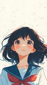 Soft-lit anime schoolgirl gazing upward in gentle breeze.