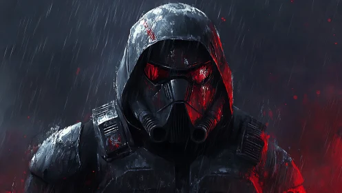 Digital painting of armored hooded trooper in red rainstorm.
