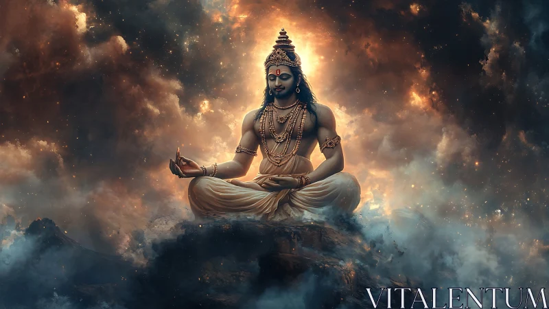 Divine meditative figure rendered in volumetric cosmic cloudscape