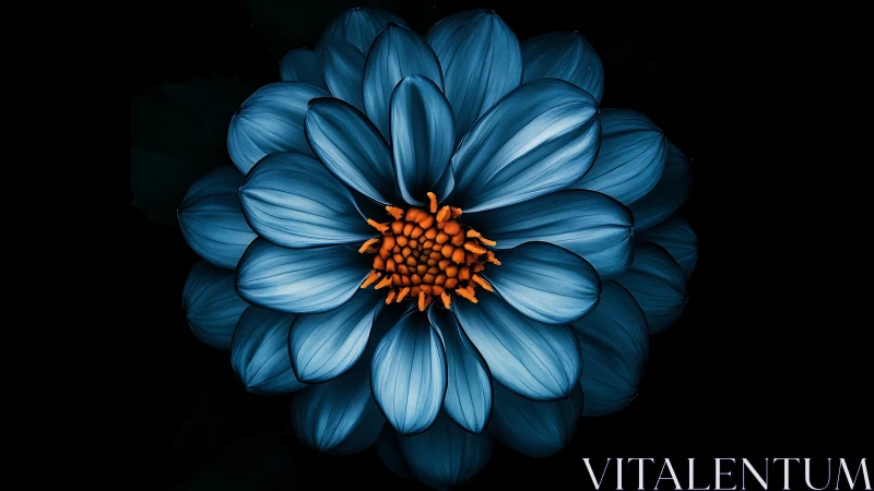 Blue flower with orange stamens rendered against black background.