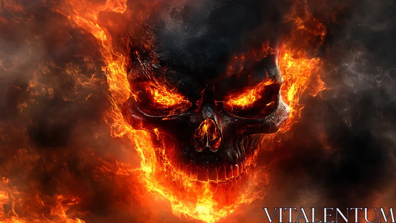 Flaming skull emerges symmetrically from dense dark smoke