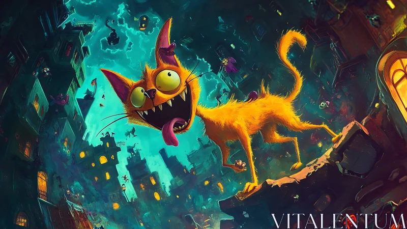 Wild orange cat with huge eyes runs through chaotic city