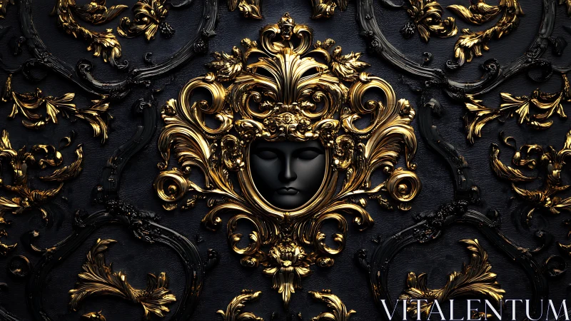 Gilded midnight mask crowned in swirling baroque gold.