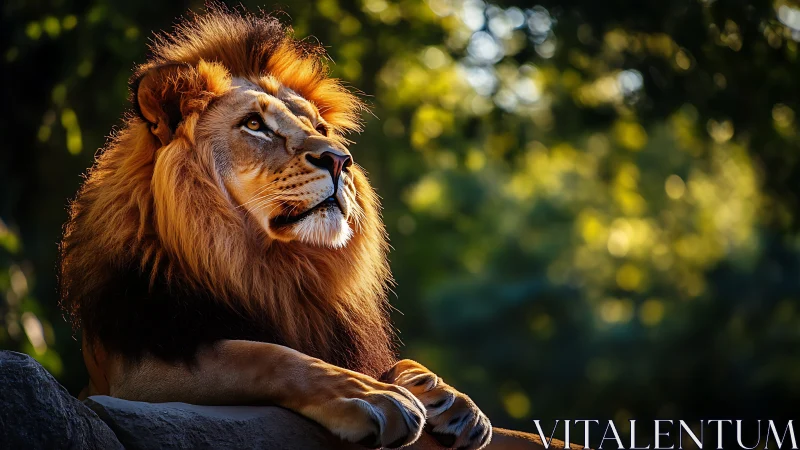 Golden-maned lion rests in raking backlight against soft bokeh