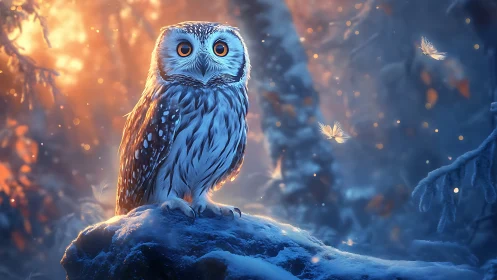 Enchanted Owl in Magical Winter Forest, Fantasy Digital Art.