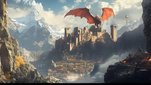 Crimson dragon storms mountain citadel under cold sun.
