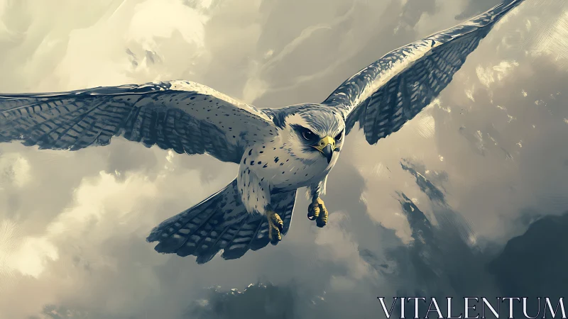 Majestic Falcon in Flight Over Clouds, Digital Painting Style.