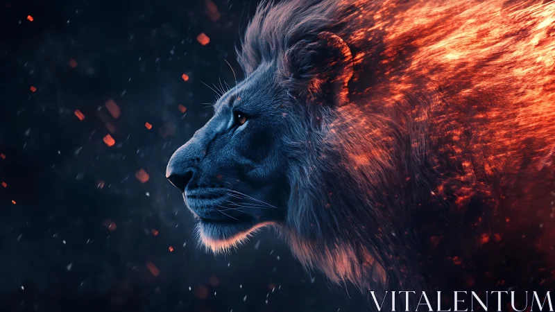 Lion profile rendered with fiery mane and glowing embers