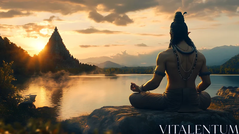 Sunlit lakeside meditation beside a distant temple glow.