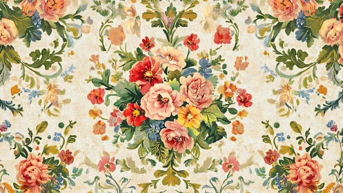 Vintage floral bouquet pattern on textured cream background.