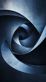 Curved metallic spiral forms in blue gradient abstract space.