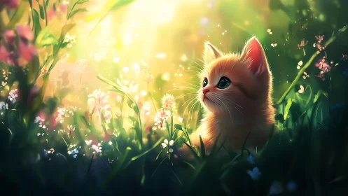 Juvenile Feline Subject Positioned in Wildflower Environment with Backlit Atmospheric Rendering