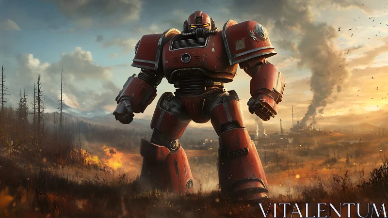 Armored bipedal mech advancing through postindustrial wildfire.