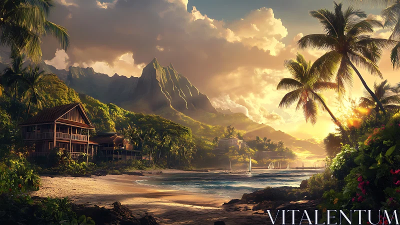 Tropical Coastal Paradise Sunset with Mountain.