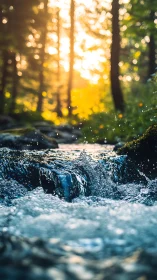 Sunlit forest stream skips joyfully through liquid gold