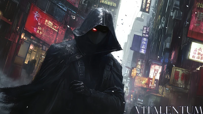 Hooded cybernetic sentinel with red optics in neon rain alley