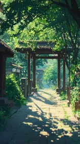 Sun-dappled shrine walkway under whispering summer leaves.