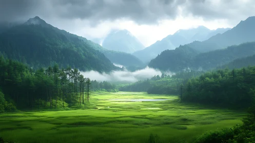 Luminous mountain wetland under misted alpine canopy.