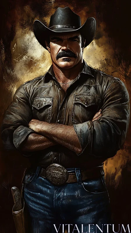 Cowboy figure stands with crossed arms in painted portrait