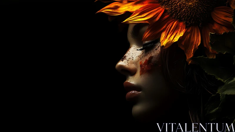 Sunflower muse profile glows in dramatic low key light.