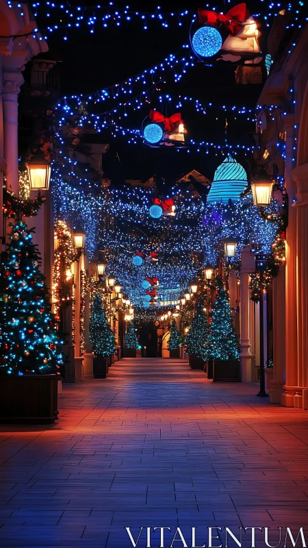 Festive city arcade glows with blue Christmas lights at night.