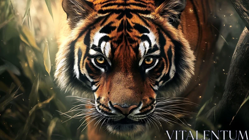 Tiger frontal portrait amid foliage in low forest light.