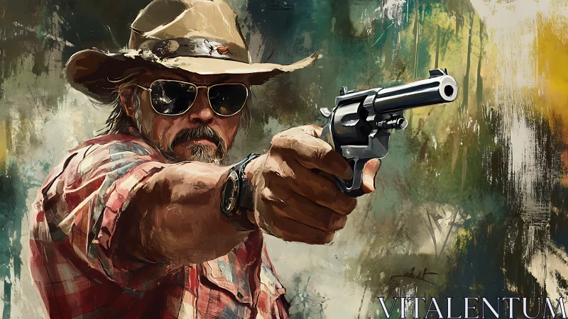 Cowboy in sunglasses levels a revolver with intense focus.