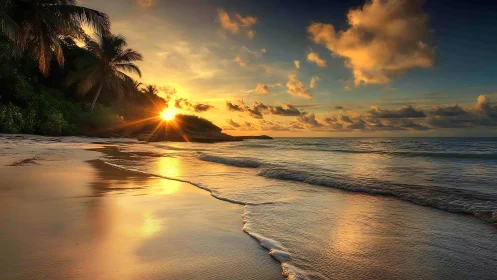 Golden tropical sunset light shimmers across calm shoreline.