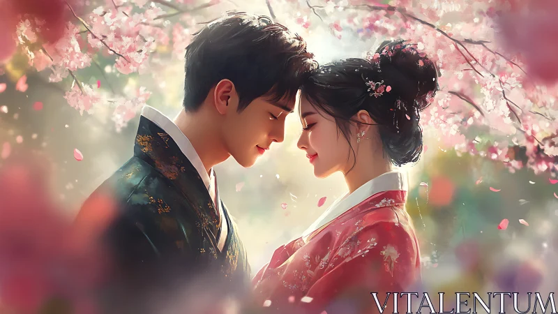 Two figures in traditional attire beneath blooming cherry trees