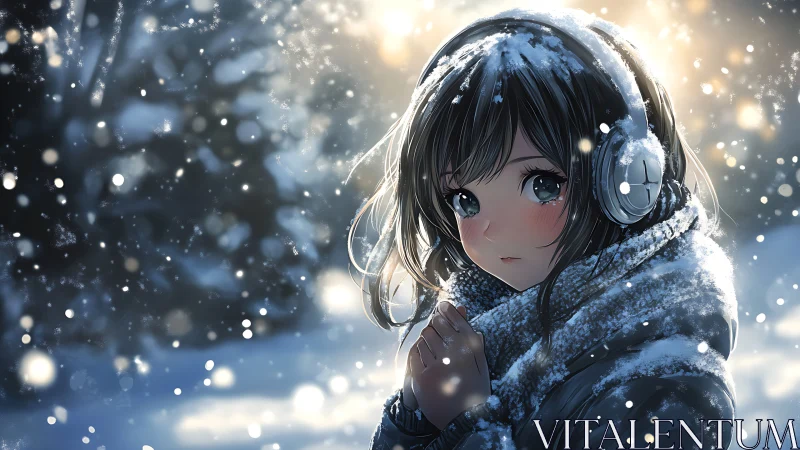 Snow covered anime girl with headphones in soft bokeh light