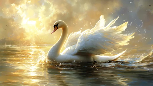 White swan gliding on golden sunset water surface.