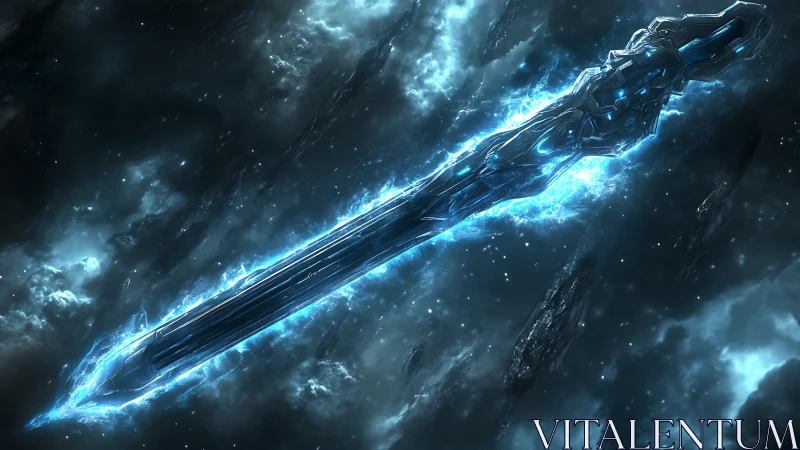 Futuristic energy sword floating in dark cloudy space field.