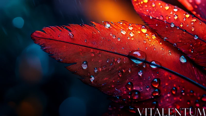 Red feathers with water droplets under dramatic lighting