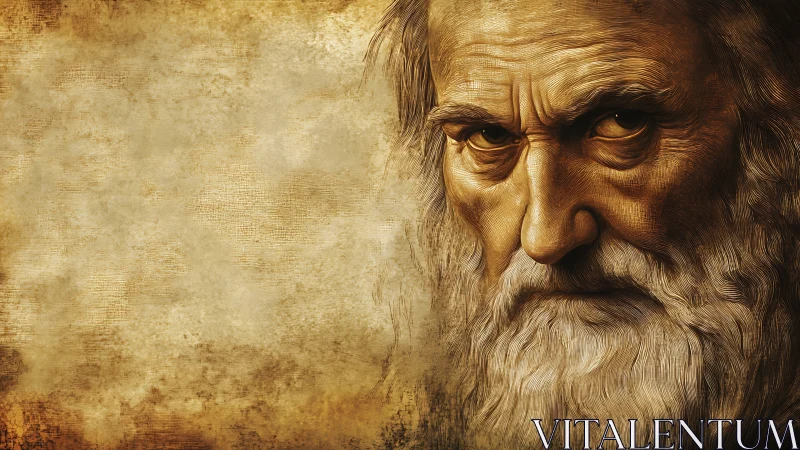 Weathered wise face gazes out with deep, thoughtful calm