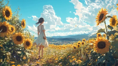 Girl in white dress standing in expansive sunflower field.