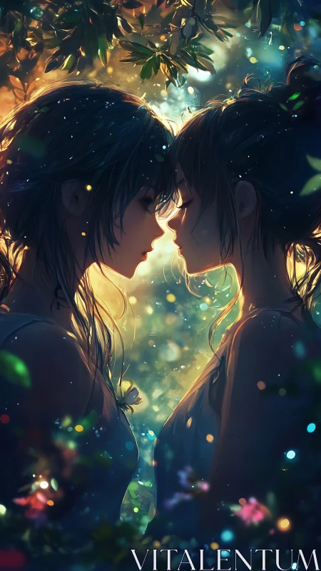 Backlit anime couple in intimate forest bokeh composition